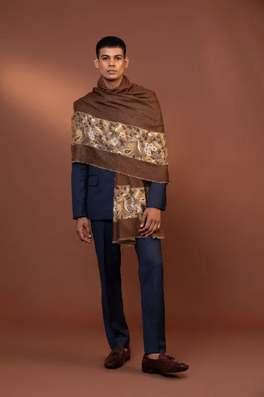 Brown Woven Shawl for Men in Fine Wool with Pawan Border Design