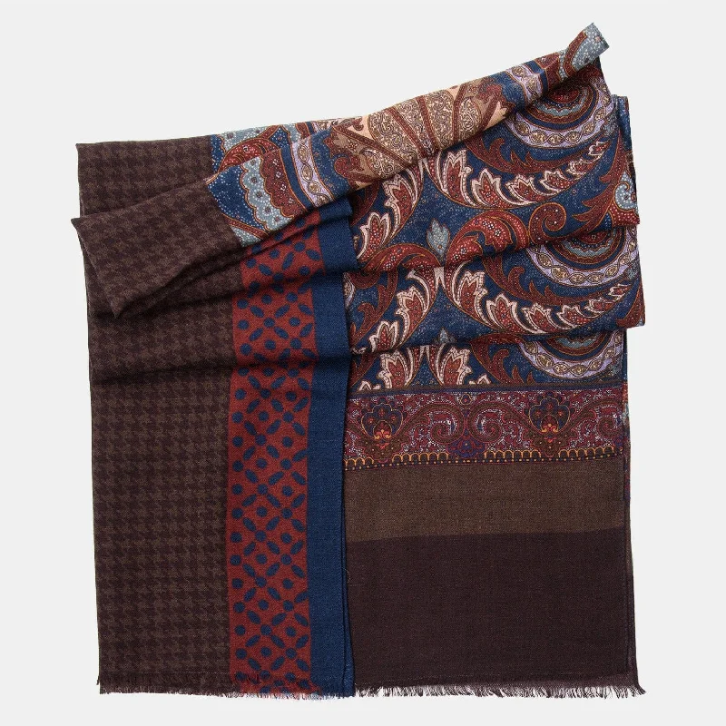 Aosta - Wool Scarf - Burgundy, Blue & Brown