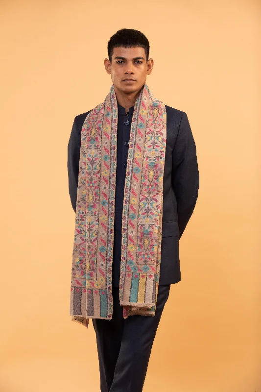 Ethnic Motifs Woolen Stole with Floral Embroidery for Men