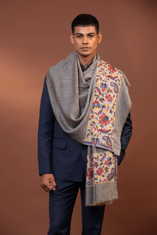 Grey Fine Wool Embroidered Shawl for Men with Kani Detailing