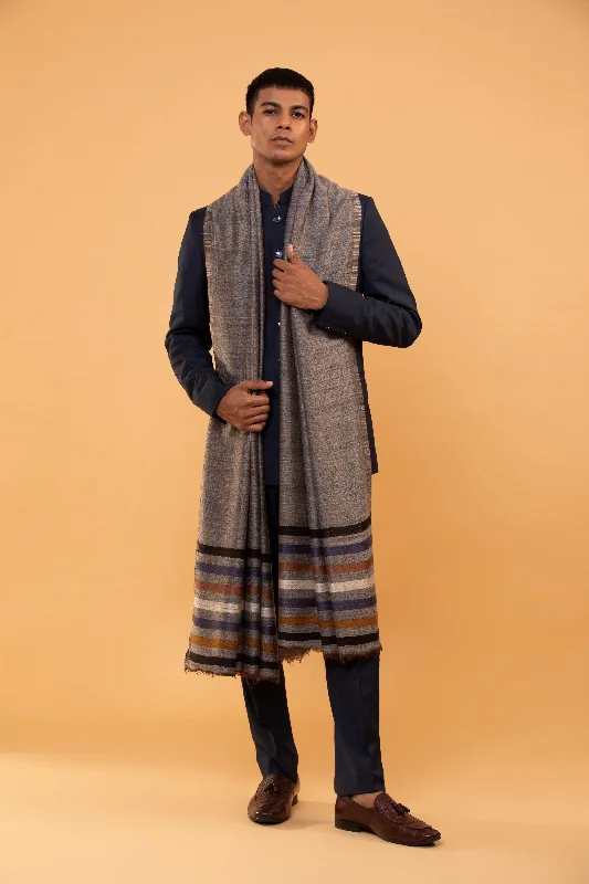 Grey Wool Blend Shawl for Men with Striped Woven Design