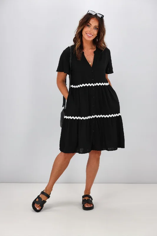 Grace & Co Martina Ric Rac Linen Dress Black