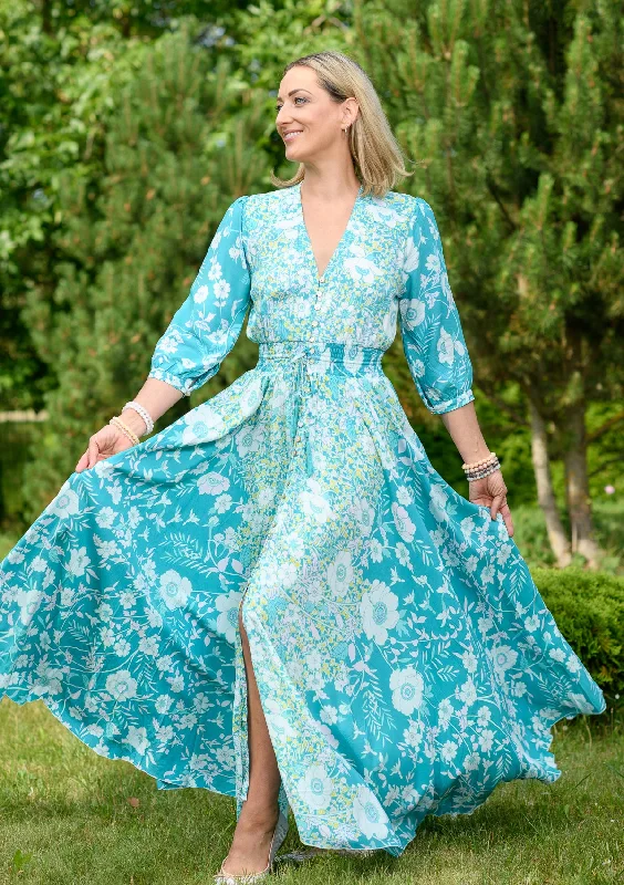 Isabella Turquoise White Flowers Dress