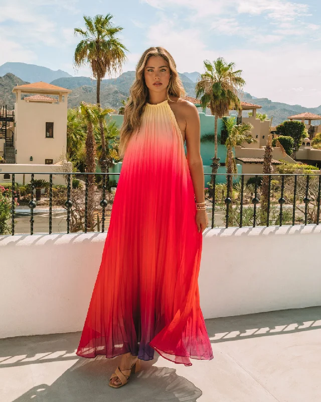 Mykonos Pleated Ombre Halter Maxi Dress - Pink Red