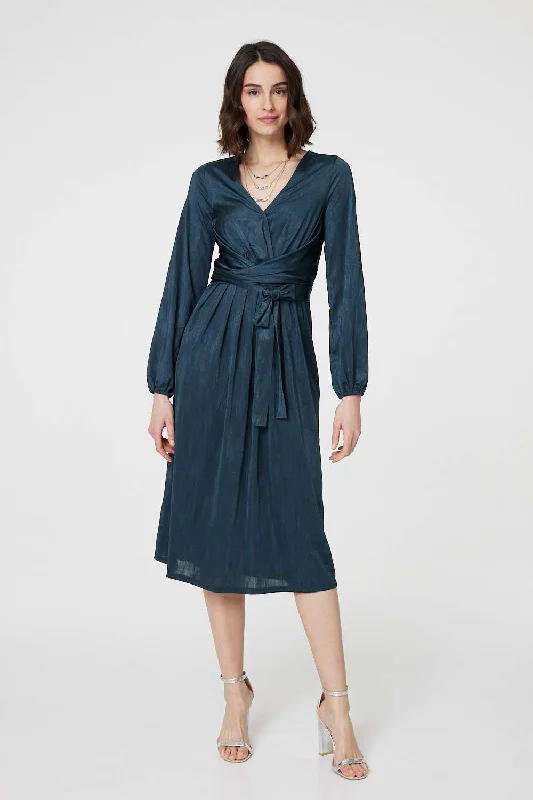 Ruched Long Sleeve Midi Wrap Dress