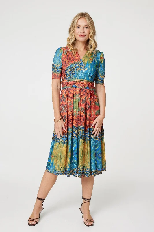 Printed Ruched Waist Faux Wrap Midi Dress