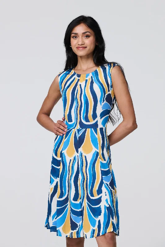 Brushstroke Print Sleeveless Knee Length Dress