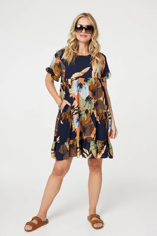 Leaf Print Frilled Knee Length Shift Dress