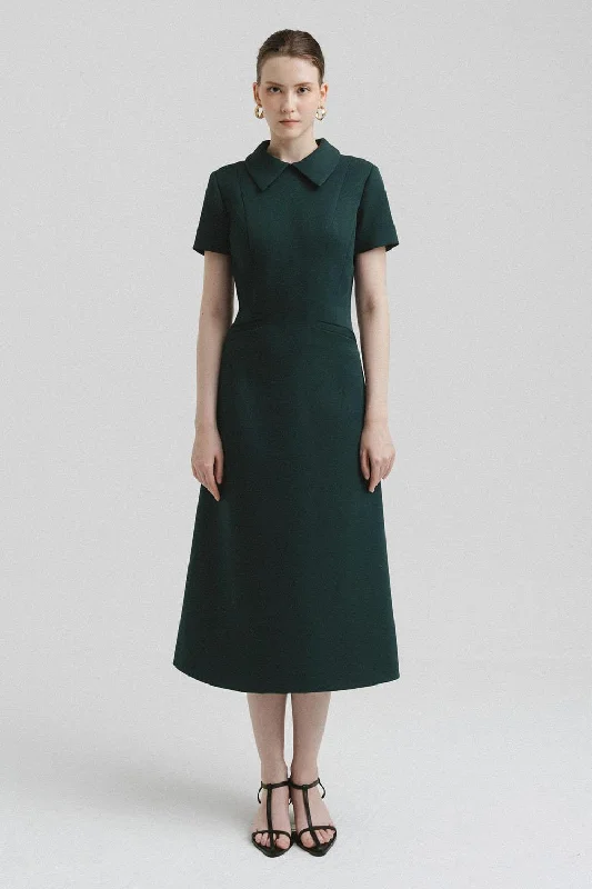 Faye A-line Collared Neck Polycotton Calf Length Dress