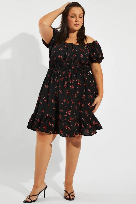 Black Floral Fit And Flare Dress Short Sleeve Ruched Bust