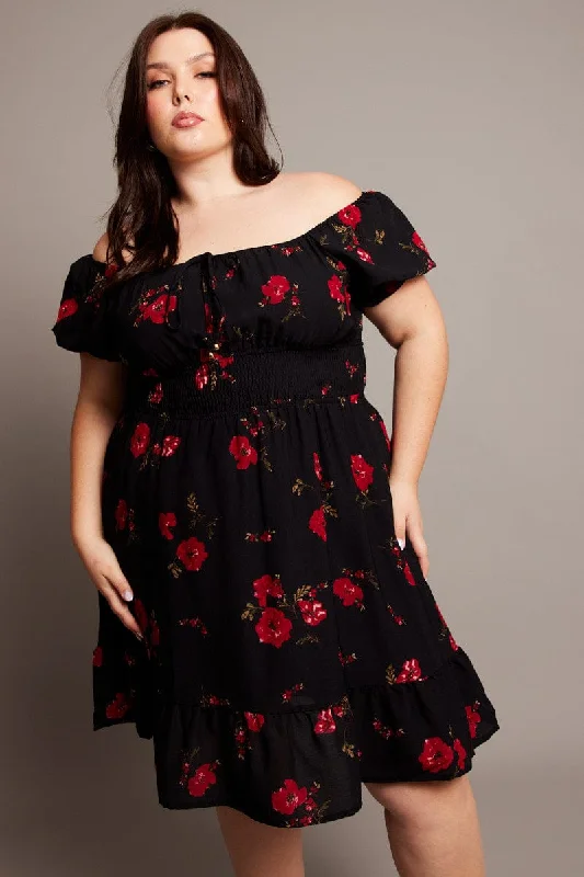 Black Floral Shirred Waist Frill Hem Minidress