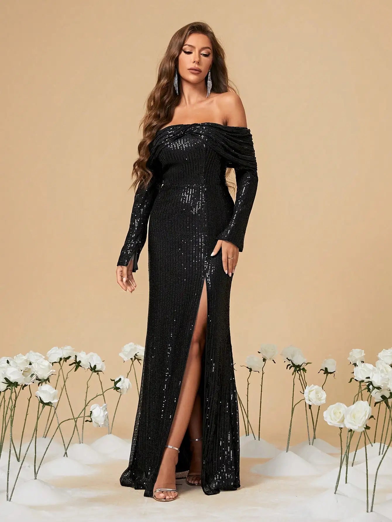 Black Strapless Sequin Long Sleeve Party Dress