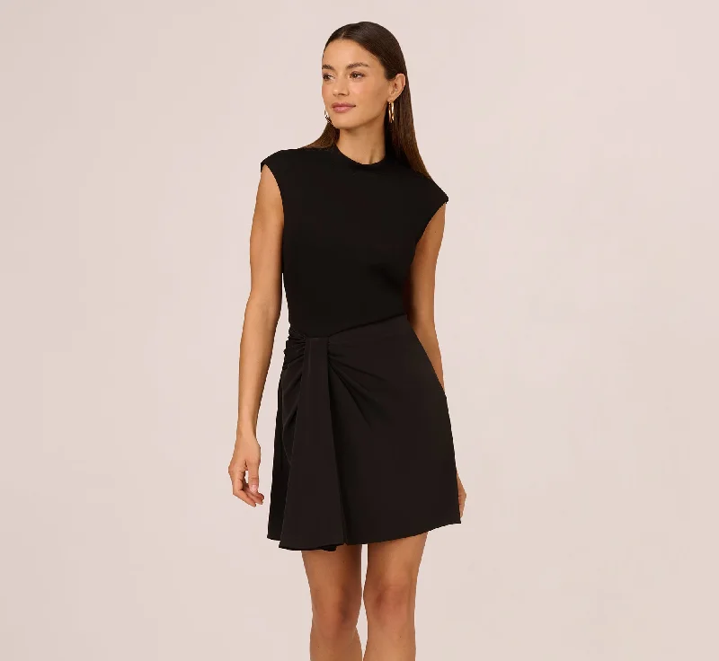 Cap Sleeve A Line Dress With Twisted Waist In Black