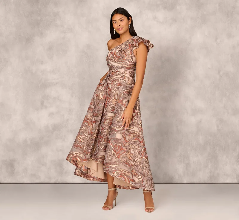 Clipped Jacquard High Low Gown With Ruffle One Shoulder Neck In Rust Multi