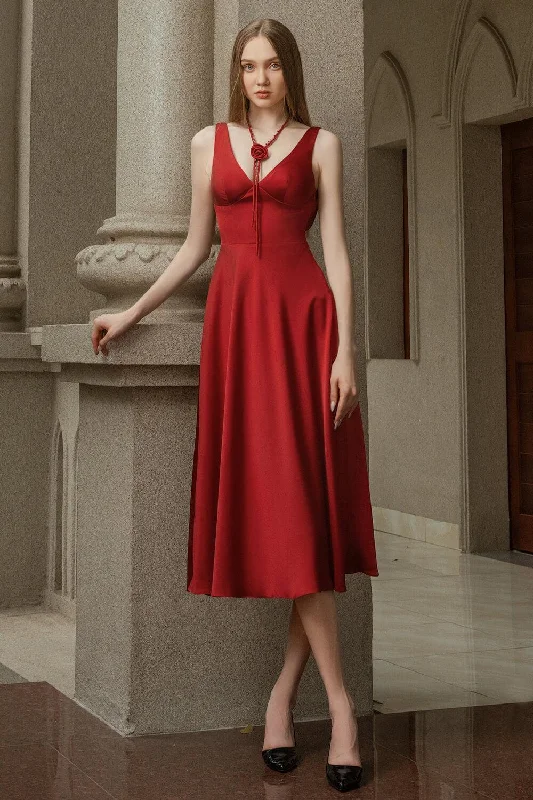 Crimson A-line V-Neck Silk Midi Dress