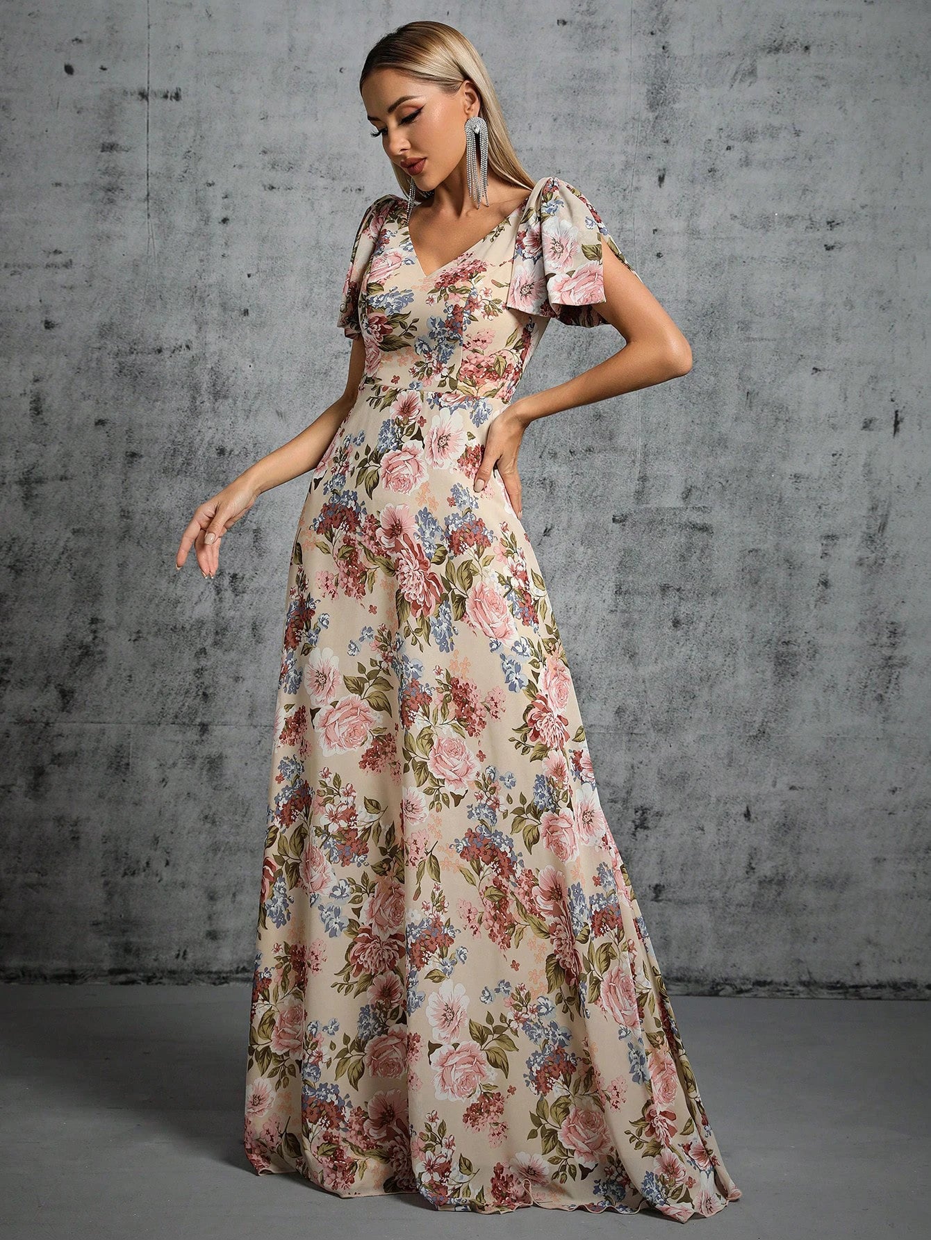 Floral Chiffon V Neck Short Sleeve Maxi Party Dress