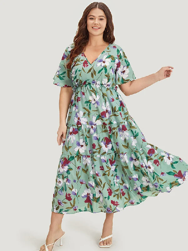 Floral Print Pocket Frill Trim Ruffle Layered Hem Dress