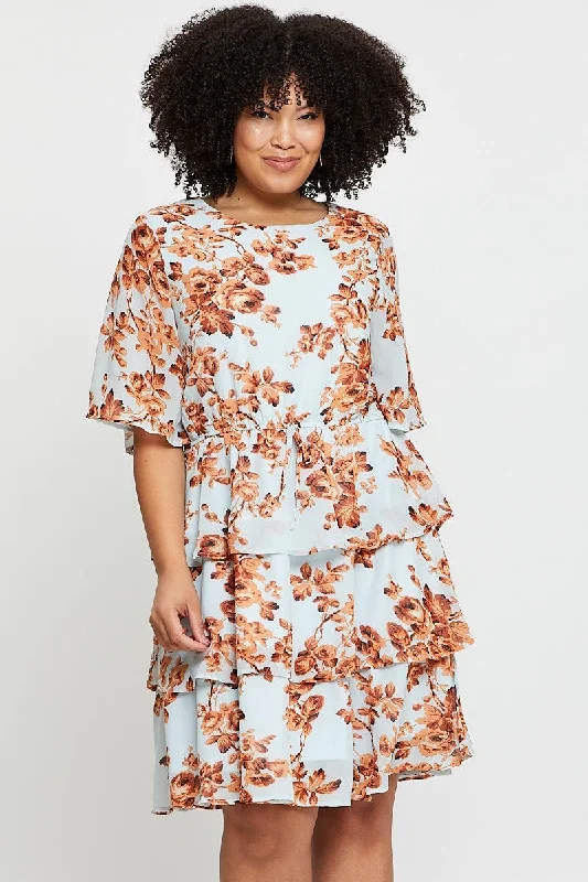 Floral Print Skater Dress Round Neck Long Sleeve