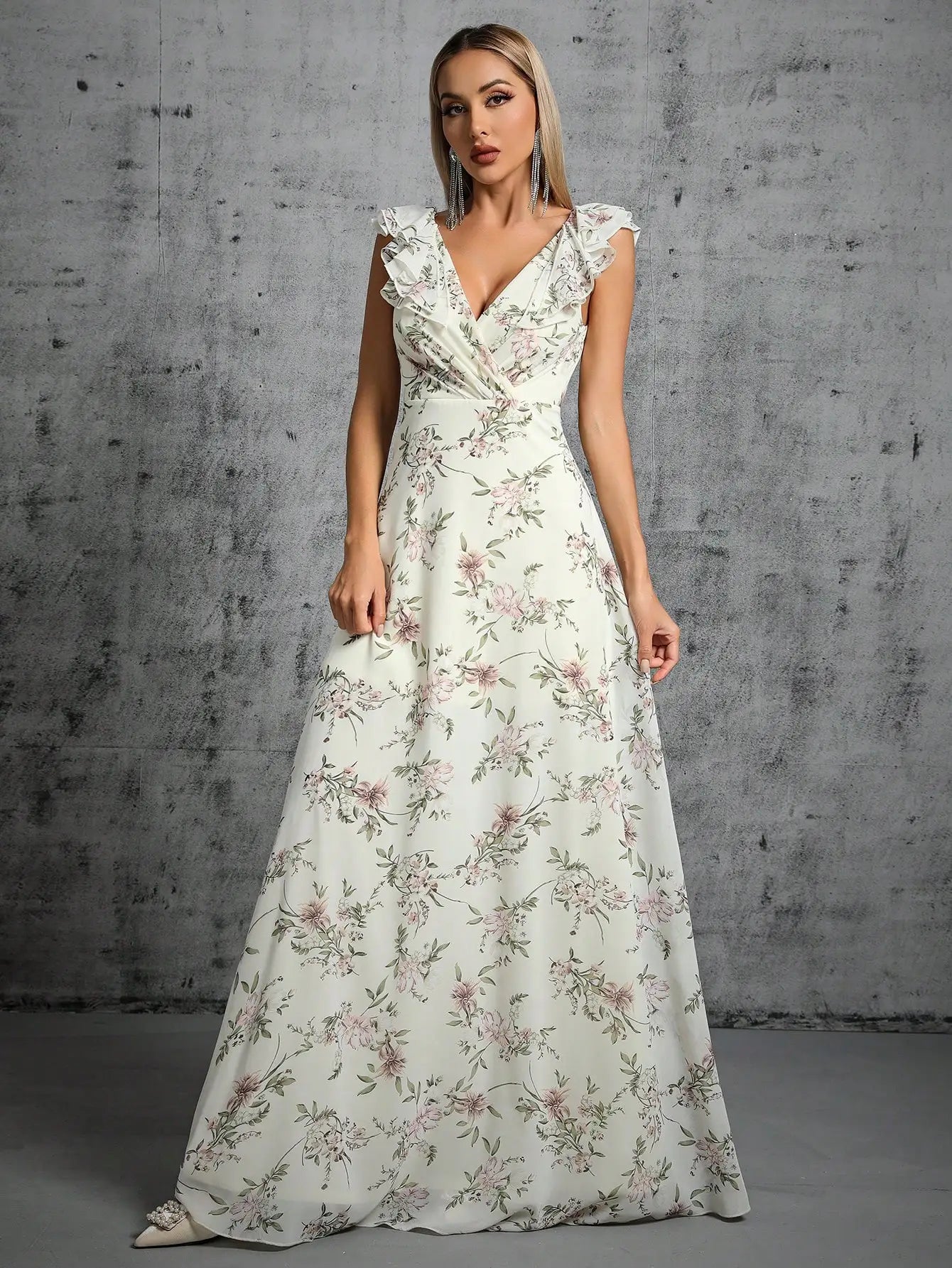 Floral Printed Chiffon Pleating Ruffles Maxi Party Dress