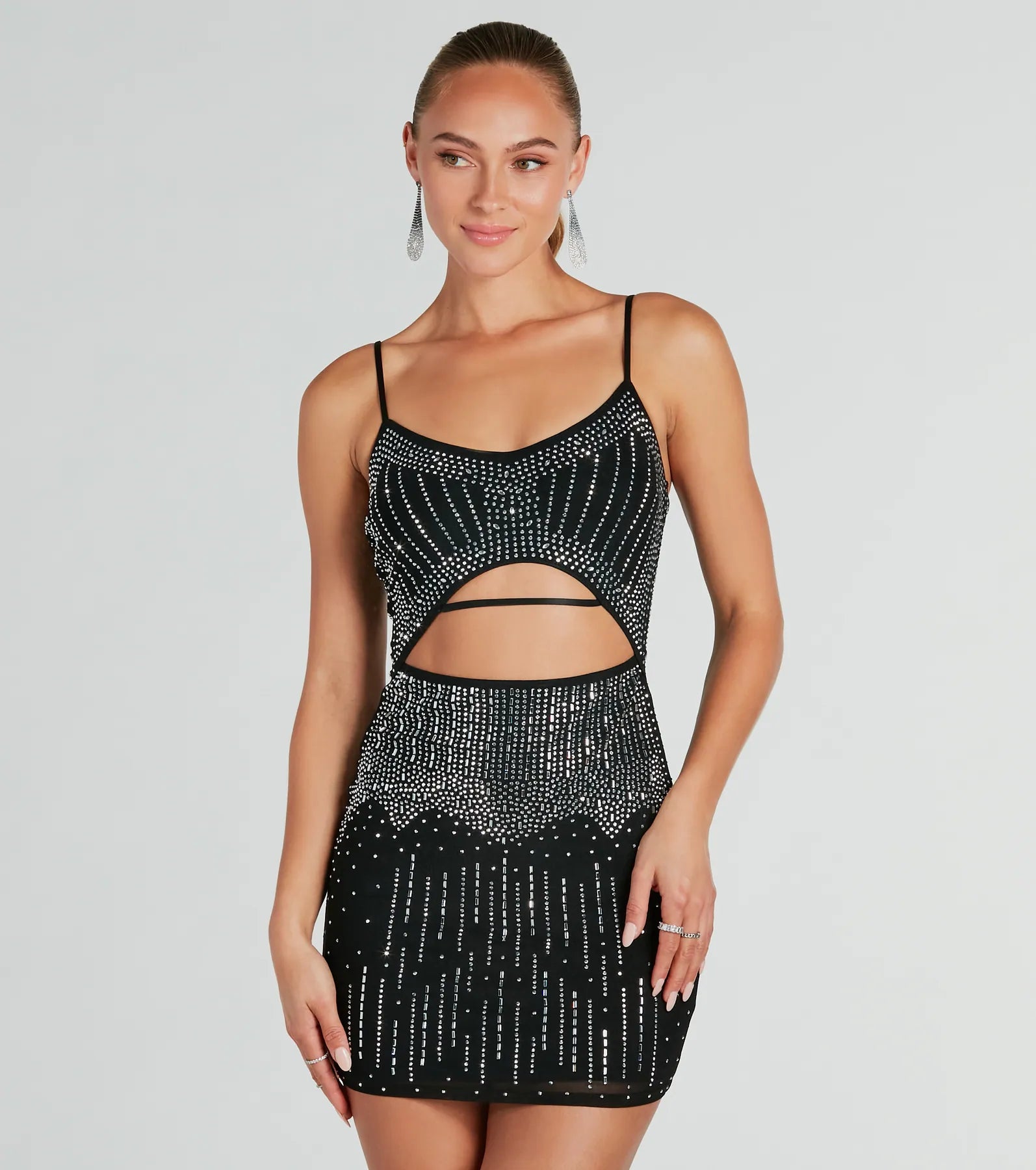 Glitzy Cutout Rhinestone Mesh Mini Party Dress