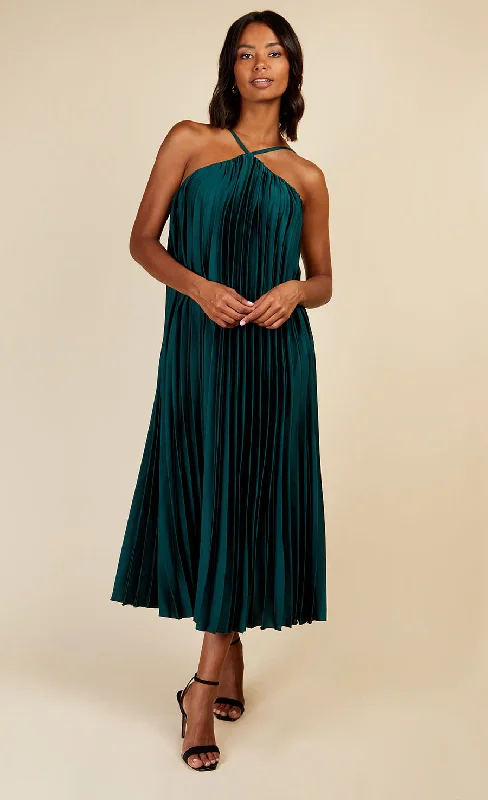 Green Satin Pleated Midaxi Dress