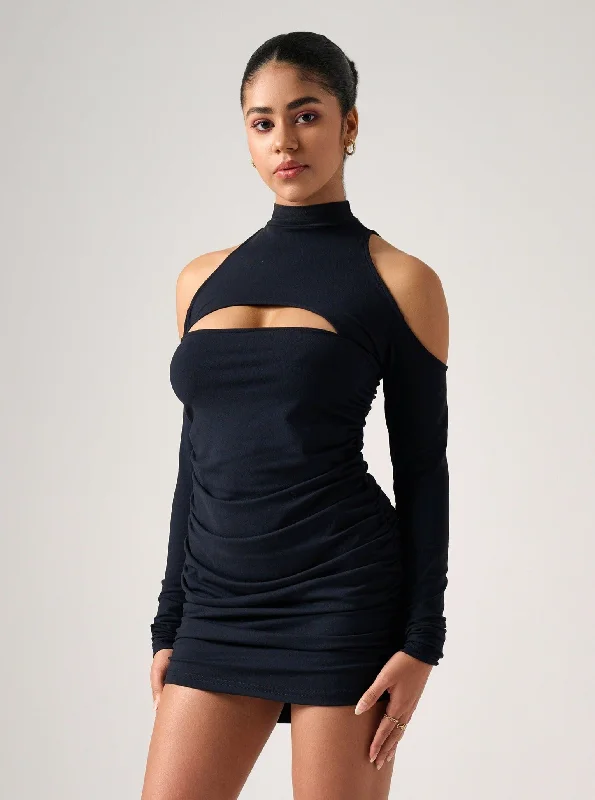 Helen High Neck Cut Out Mini Dress in Black