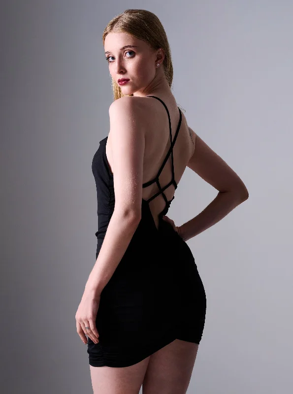 Ivanna Ruched Cross Back Bodycon Mini Dress in Black