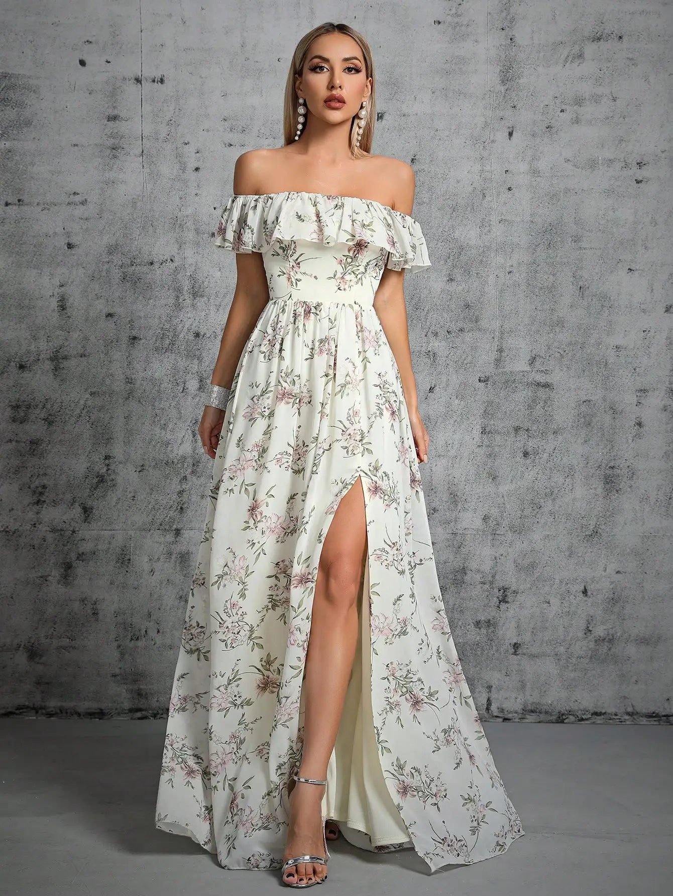 Ivory Strapless Ruffle Split Printed Chiffon Maxi Dress