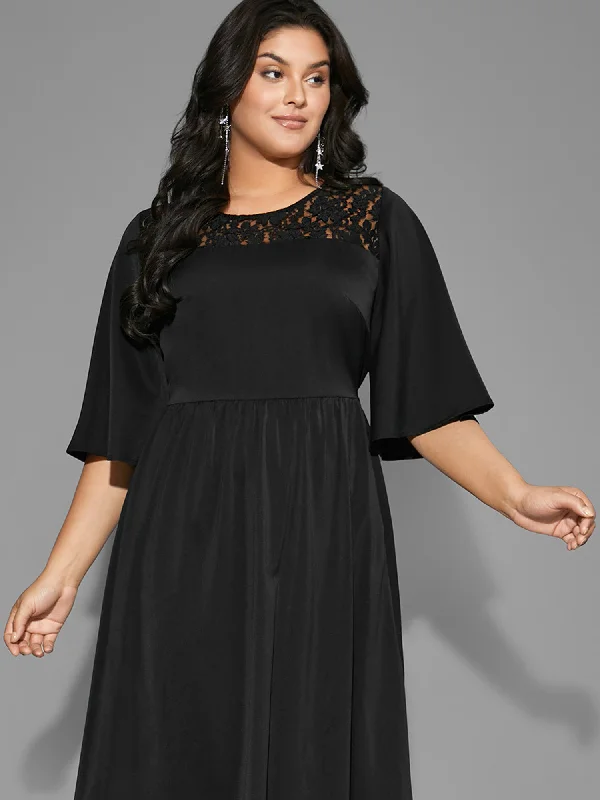 Lace Panel Elastic Waist Ruffle Sleeve Dress