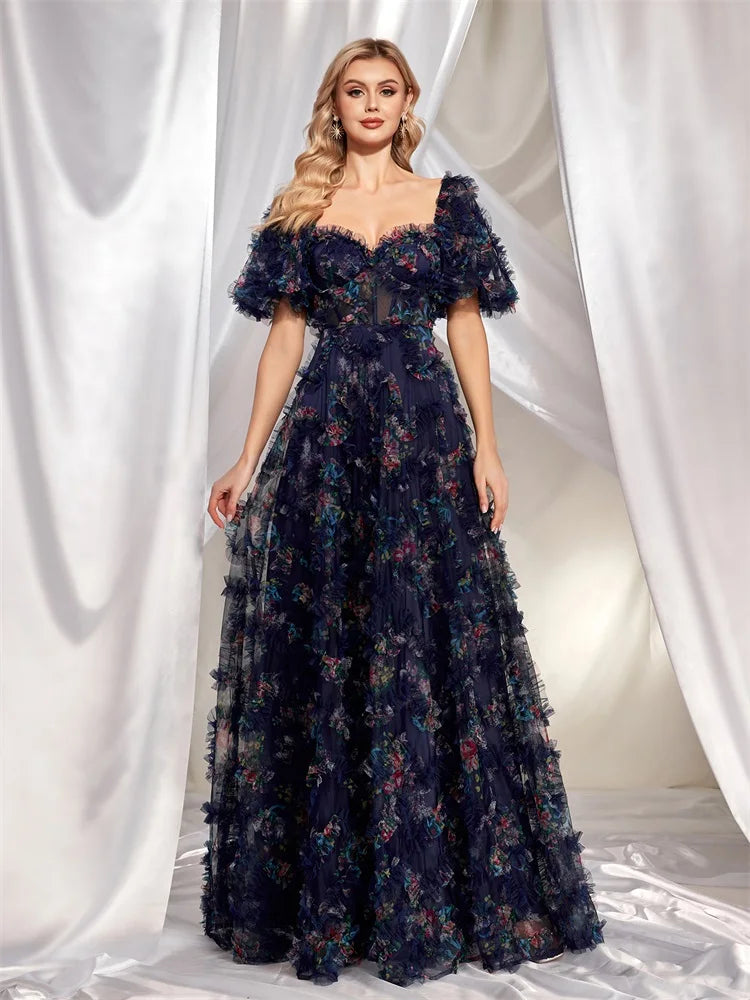 Navy Floral Tulle Short Sleeve Evening Party Dresses