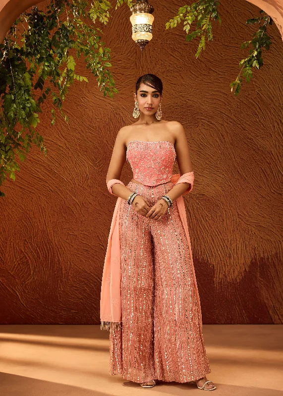 Charvi Peach and Pink Corset Gharara Set with Dupatta