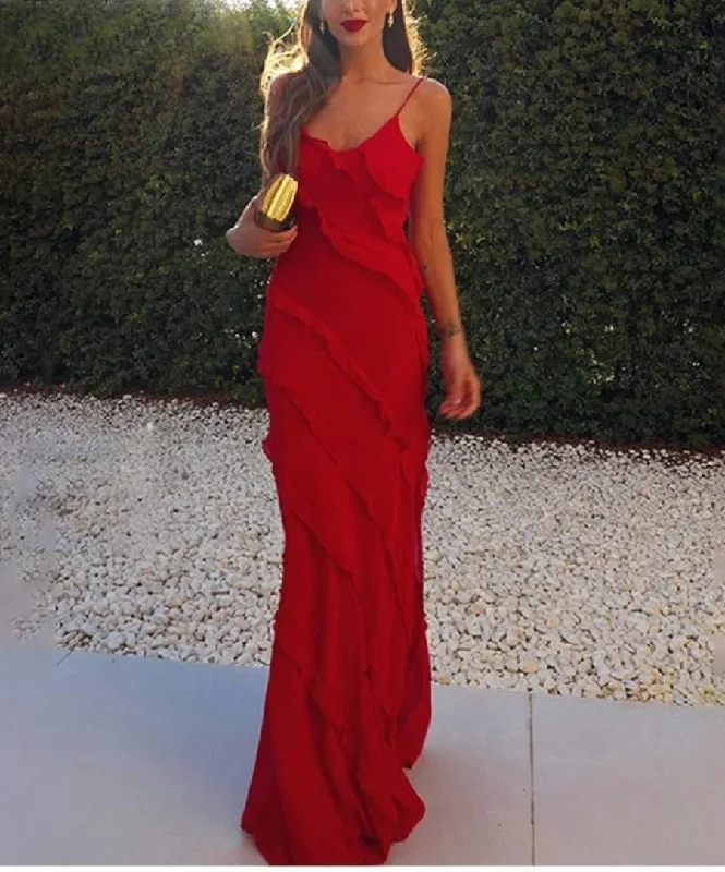 Ruffles Chiffon Backless Split Maxi Red Christmas Party Dress