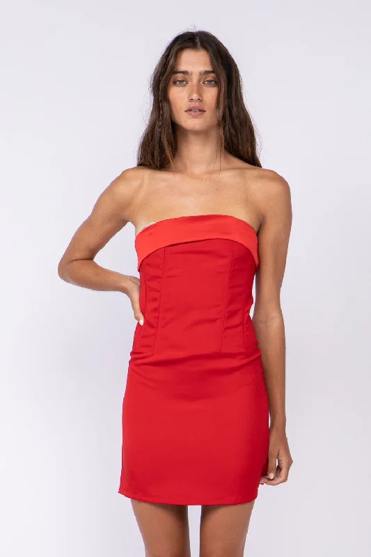 See You There Red Mixed Media Strapless Mini Dress