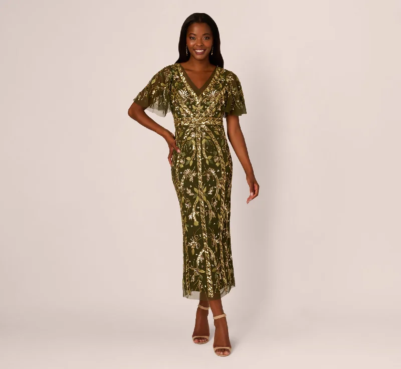 Sequin Beaded Ankle Length Dress With Flutter Sleeves In Olive