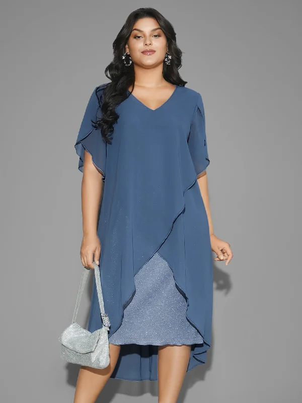 Solid Petal Sleeve Tiered Hem Dress