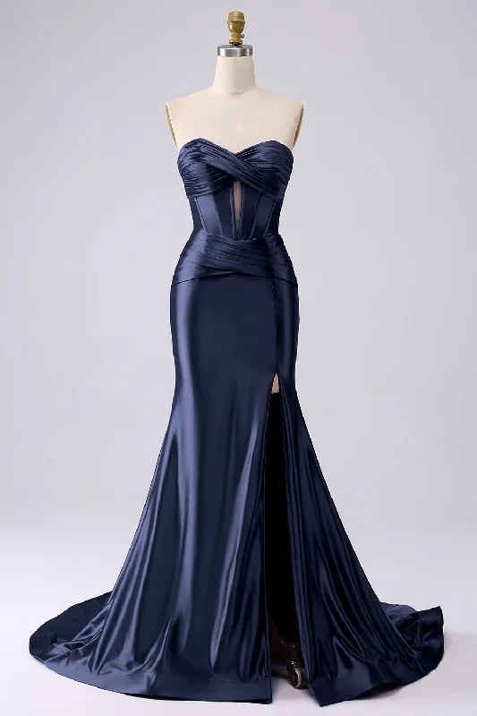 Sparkly Dark Navy Mermaid Sweetheart Corset Long Prom Dress with Slit