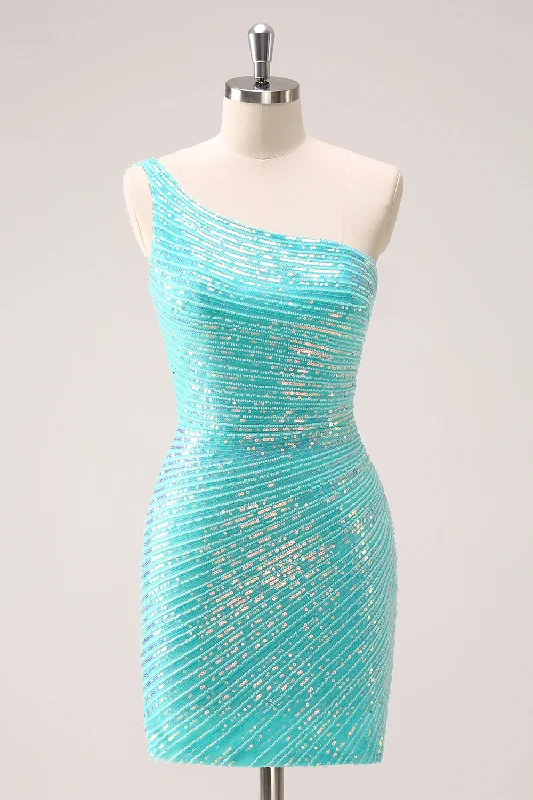 Sparkly Mint One Shoulder Tight Short Homecoming Dress with Sequins