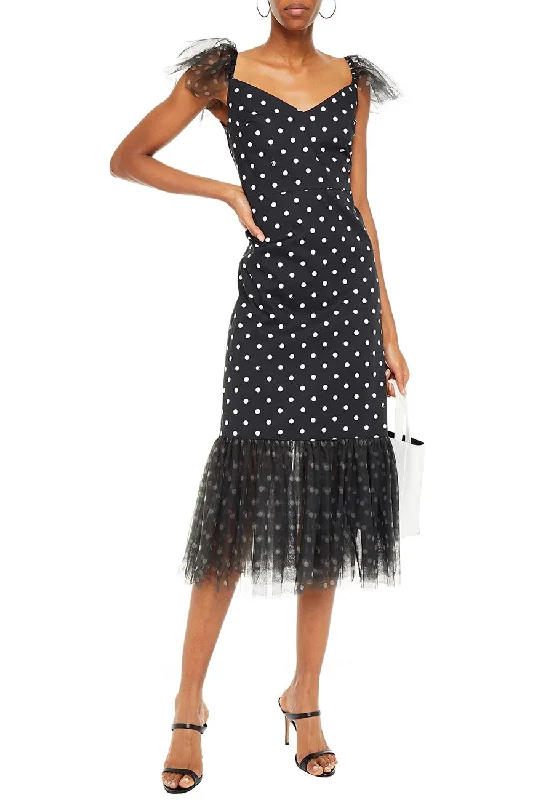 Black Marwa Ruffled Polka Dot Tulle Midi Dress (Pre-loved)