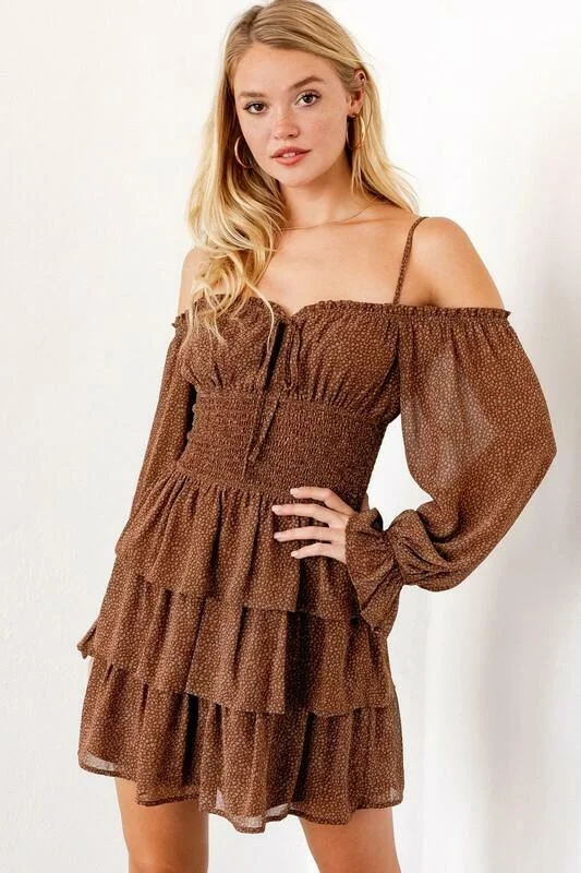 Sweet Darling Brown and Gold Floral Print Off-the-Shoulder Ruffle Dress