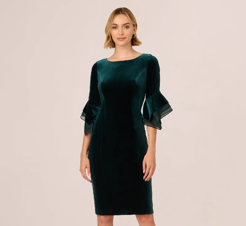 Velvet Sheath Dress With Tiered Three Quarter Sleeves In Hunter