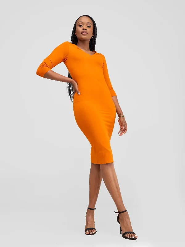 Vivo Basic 3/4 Sleeve Double Layered Bodycon Dress - Burnt Orange