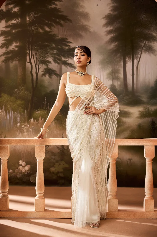 Aafdah White Pearl Embellished Saree