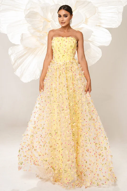 Yellow Strapless A Line Corset Tulle Long Prom Dress with Appliques