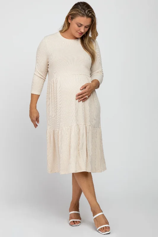 Beige Tiered Ribbed 3/4 Sleeve Plus Maternity Midi Dress