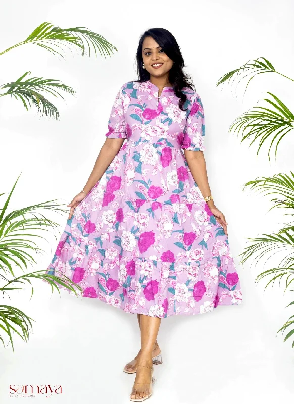 Lavander floral casual  dress with lining "Non-Maternity & Feeding-Friendly Dress"