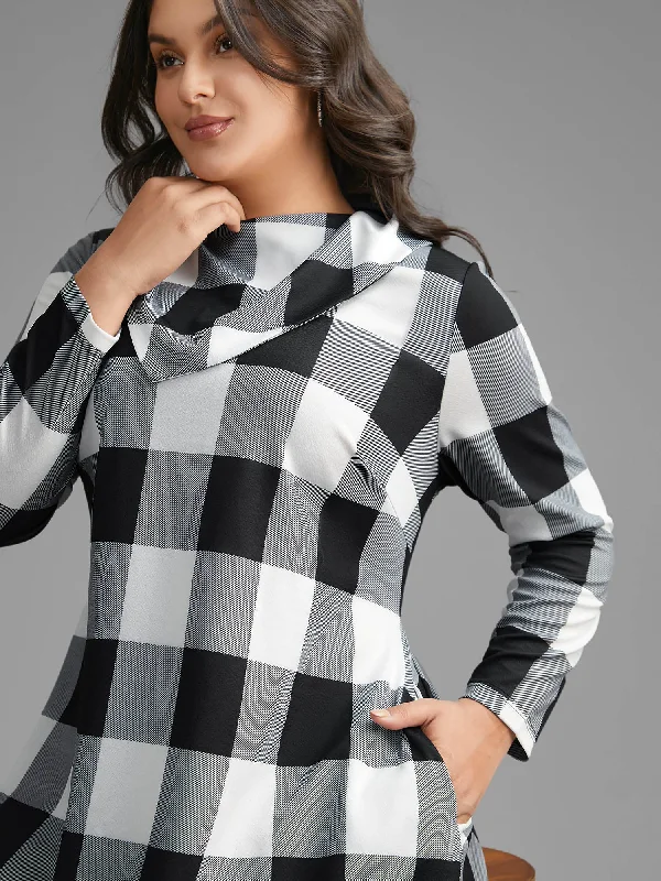 Plaid Ruffled Collar Pocket Midi Dress