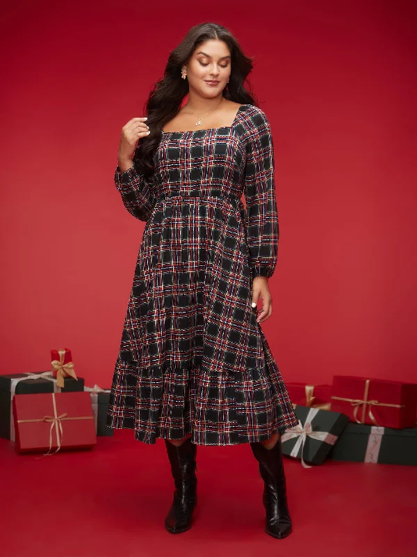 Plaid Square Neckline Puffy Sleeve Midi Dress