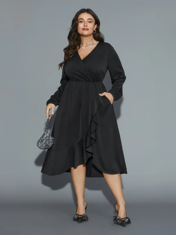 Plain Overlap Collar Ruffle Trim Dress