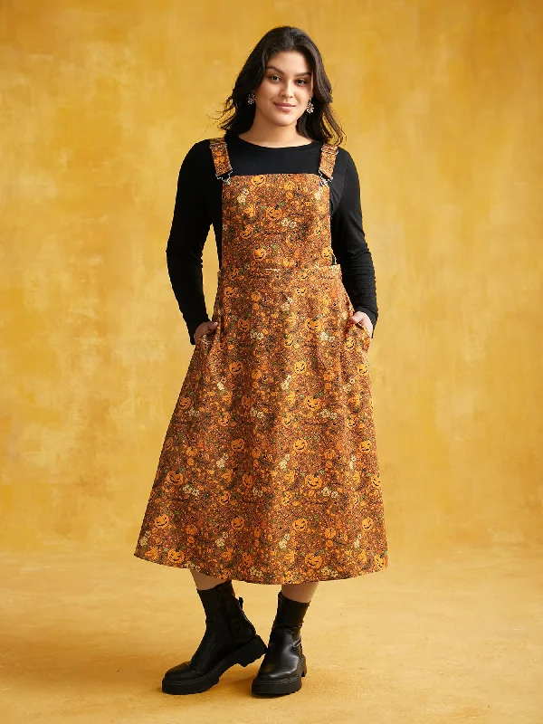 Pumpkin Print Suspender Midi Dress