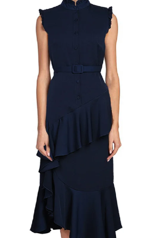 Sleeveless Waist Belted Button Front Ruffle Dress